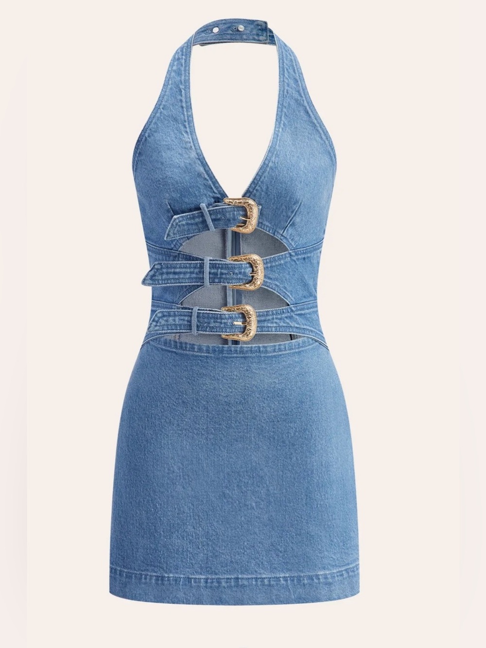 Commense Blue Denim Halter Neck 3-Buckle Detail Dress - Size XS - Wore Once